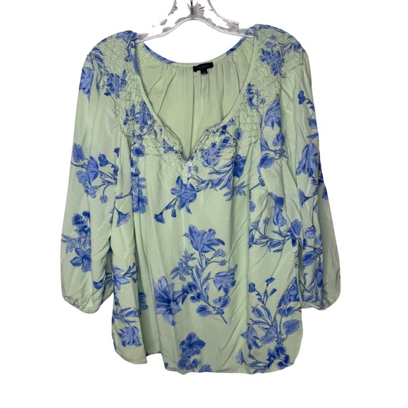 Talbots Tops - Talbots Womens L Mint Green‎ Blue Floral Smocked Split Neck Viscose Blouse Lined